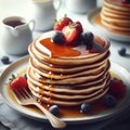 A stack of golden brown pancakes with syrup, strawberries and blueberries on a white ceramic plate. In the background Royalty Free Stock Photo