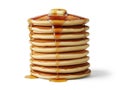 Stack of golden pancakes drizzled with syrup isolated on white background Royalty Free Stock Photo