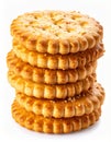 Stack of Golden Brown Round Crackers with Textured Surface on White Background Royalty Free Stock Photo