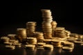 Stack of golden coins on black background. Generative AI Royalty Free Stock Photo