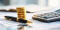 The stack of golden coins with a calculator and pen on paperwork AI generated image Royalty Free Stock Photo