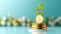 A stack of golden coins displaying a dollar symbol is adorned with a vibrant green plant sprouting from the top Royalty Free Stock Photo