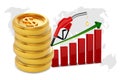 Stack of golden coins with dollar sign, fuel pump and graph of rising oil prices