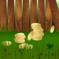 Stack of golden coins on green grass and clovers leaves and wooden garden fence background. St. Patrick`s day, Money, gold, Saint