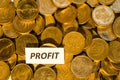 Profit sign at a stack of golden coins