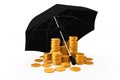 Stack of golden coins under the umbrella protect.