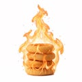A stack of golden deep-fried onion rings burning with bright fire Royalty Free Stock Photo