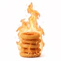 A stack of golden deep-fried onion rings burning with bright fire Royalty Free Stock Photo