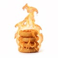 A stack of golden deep-fried onion rings burning with bright fire Royalty Free Stock Photo