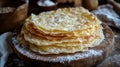 Stack of Golden Fried Pastries Dusted With Powdered Sugar on Wooden Board Royalty Free Stock Photo