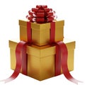 Stack of golden gift boxes with elegant red ribbons and bow Royalty Free Stock Photo