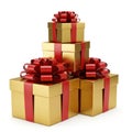 Stack of golden gift boxes with red ribbons isolated on white background Royalty Free Stock Photo