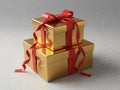 Stack of golden gift boxes with red ribbons isolated on white background Royalty Free Stock Photo