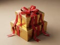 Stack of golden gift boxes with red ribbons isolated on white background Royalty Free Stock Photo