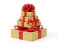 Stack of golden gift boxes with red ribbons Royalty Free Stock Photo