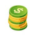 Stack of golden and green dollar coins representing finance and wealth Royalty Free Stock Photo