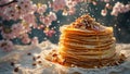 Delicious Golden Pancakes Stack with Honey and Nuts, Spring Blossom Background Royalty Free Stock Photo