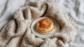 Stack Of Golden Pancakes On A Plate Surrounded By Cozy Knitted Blanket. Warm And Inviting Breakfast Setting Royalty Free Stock Photo