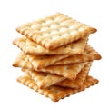 Stack of golden square crackers with embossed pattern on white background Keywords: cracker, biscuit, snack, food Royalty Free Stock Photo