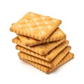 Stack of Golden Square Crackers on White Background Royalty Free Stock Photo