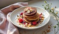 Stack of gourmet pancakes with raspberries and drizzled syrup on elegant plate Royalty Free Stock Photo