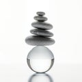 Stack of Gray Stones on a Clear Glass Sphere in Balanced Composition on Bright Reflective Surface and Isolated White Background Royalty Free Stock Photo