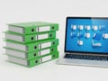 Stack of green binders and laptop with files icon - isolated on white background Royalty Free Stock Photo