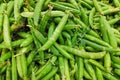 Stack of green peas in their pods on a market stall Royalty Free Stock Photo