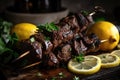 stack of grilled beef shishkabob with slice of lemon and sprigs of fresh herbs