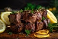 stack of grilled beef shishkabob with slice of lemon and sprigs of fresh herbs