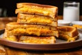 a stack of grilled cheese sandwiches on a serving platter