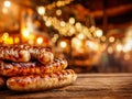 Stack of grilled sausages with char marks on rustic wooden table against blurred warm festive lights creating a cozy evening Royalty Free Stock Photo