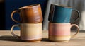 Stack of handmade ceramic mugs rustic earthy tones coffee tea drinkware Royalty Free Stock Photo