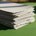 A stack of handmade paper sheets lies on a textured green surface Royalty Free Stock Photo