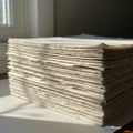 A stack of handmade paper sheets is lit by natural light from a nearby window. The Royalty Free Stock Photo