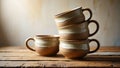 Stack of handmade pottery mugs and a single mug on a rustic wooden table, featuring unique glazed earthy brown and cream tones Royalty Free Stock Photo