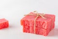 Stack of handmade soap bars on white table Royalty Free Stock Photo