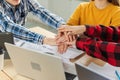 Stack of hands. Business startup teamwork unity concept. Diverse team putting their hands together top view. Young Royalty Free Stock Photo