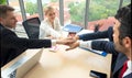 Stack of hands. Unity and teamwork concept. Close up top view of young business people putting their hands together Royalty Free Stock Photo