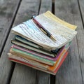 Stack of handwritten journals with a pen on wooden table. Writing and journaling concept Royalty Free Stock Photo
