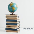 A stack of hardcover books with blue bindings is topped by a small globe on a Royalty Free Stock Photo