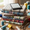 A stack of hardcover books, each wrapped in various colorful and patterned fabrics, i Royalty Free Stock Photo