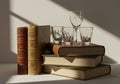 Stack of hardcover books on a flat surface with two standing upright and three placed Royalty Free Stock Photo