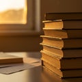 A stack of hardcover books sits on a table, bathed in warm, golden sunlight streamin Royalty Free Stock Photo