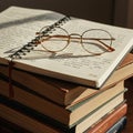 A stack of hardcover books supports an open spiral-bound notebook, its pages filled Royalty Free Stock Photo