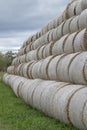 Stack of hay balls, haystack or haycock on an agricultural field. Large rolls of straw on a farm Royalty Free Stock Photo