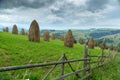 Stack of hay on a mountain meadow on a hillside.