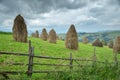 Stack of hay on a mountain meadow on a hillside. Royalty Free Stock Photo