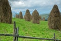 Stack of hay on a mountain meadow on a hillside. Royalty Free Stock Photo