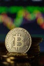 Gold Bitcoins with candle stick graph chart and digital background Royalty Free Stock Photo